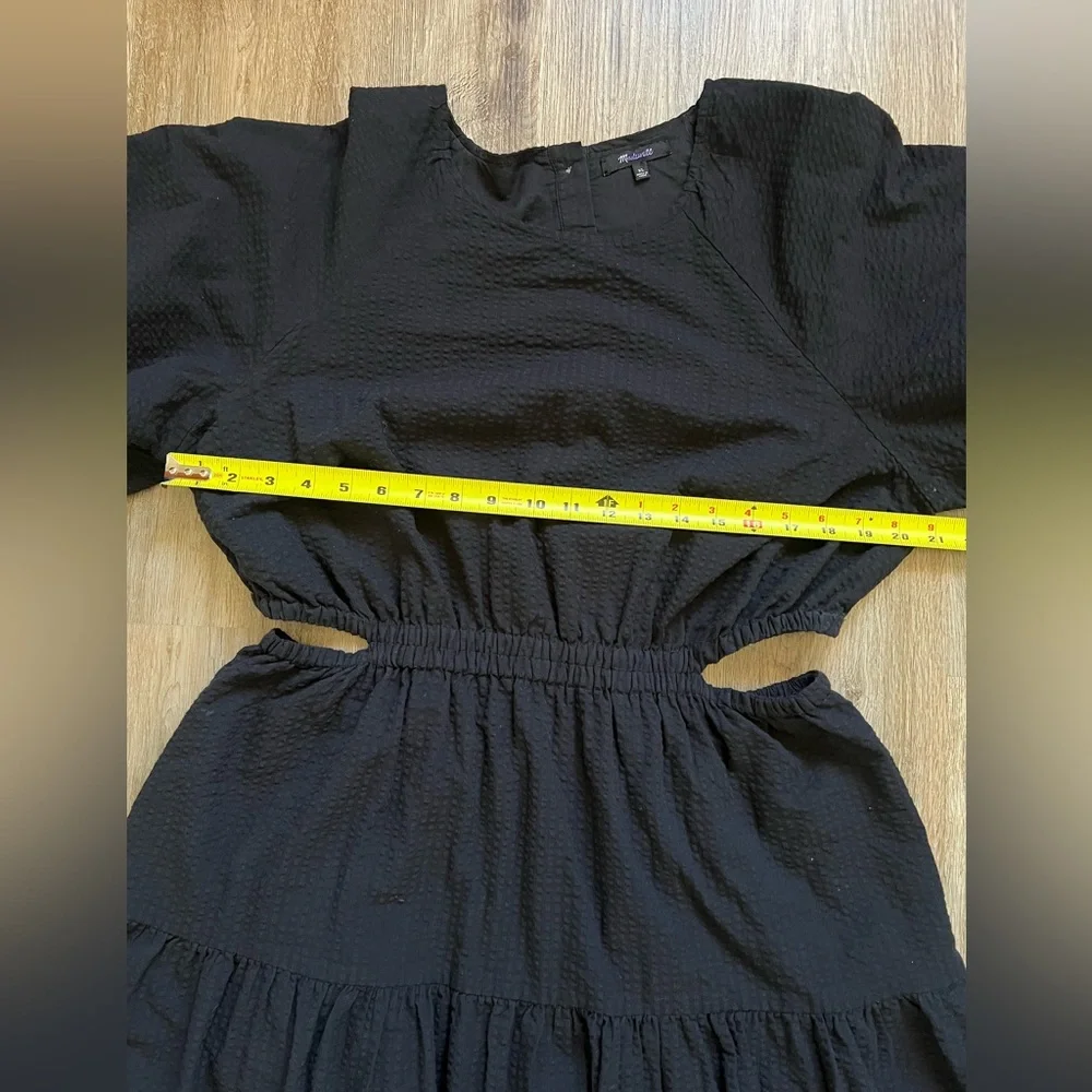 Madewell Seersucker Puff-Sleeve Cutout Dress Black Ruffle Hem A Line Size XL.